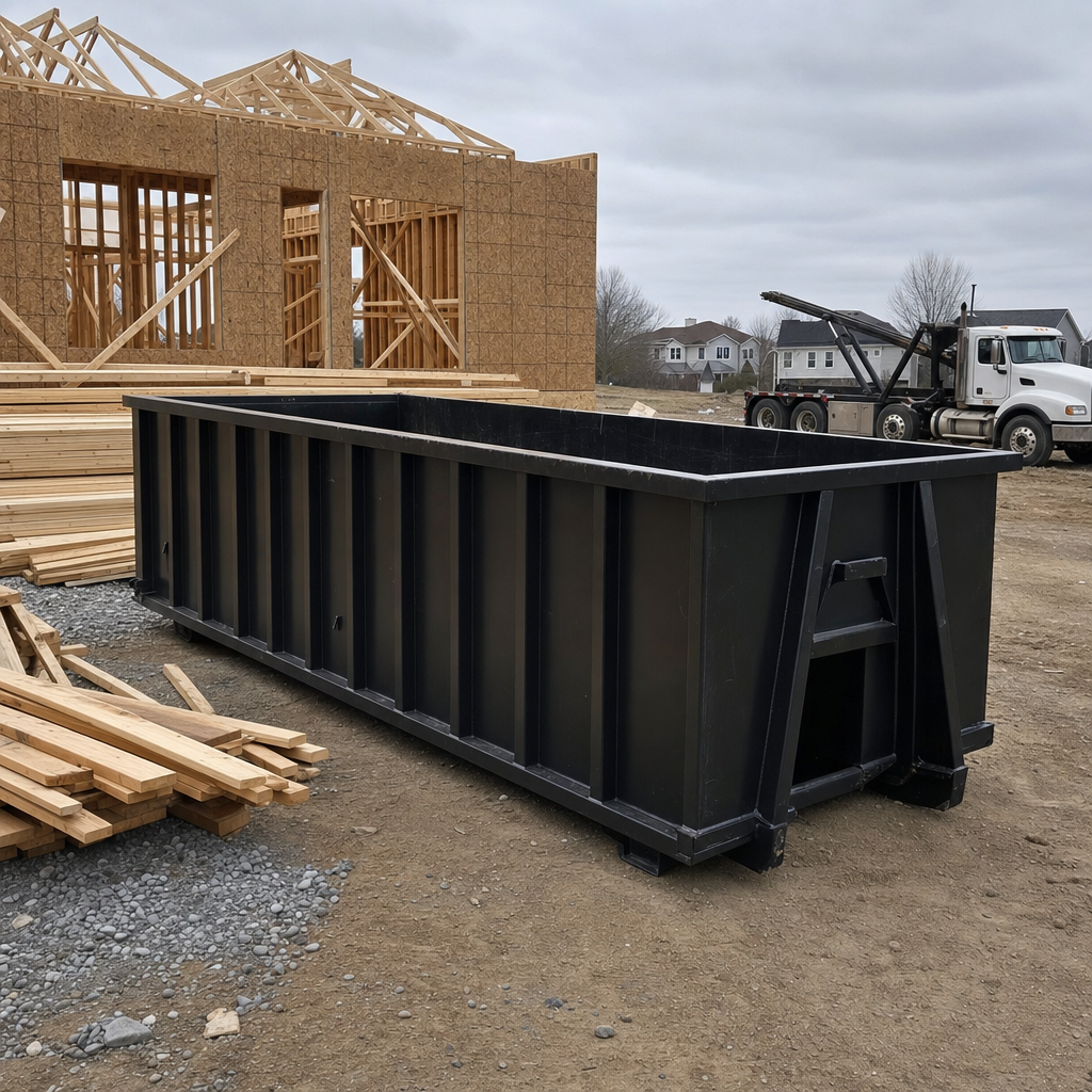 Matte-black 40-yard roll-off dumpster staged on a framed-out residential construction site in Plantation, framing lumber stacked nearby, hooklift delivery truck visible in the background under bright Colorado daylight