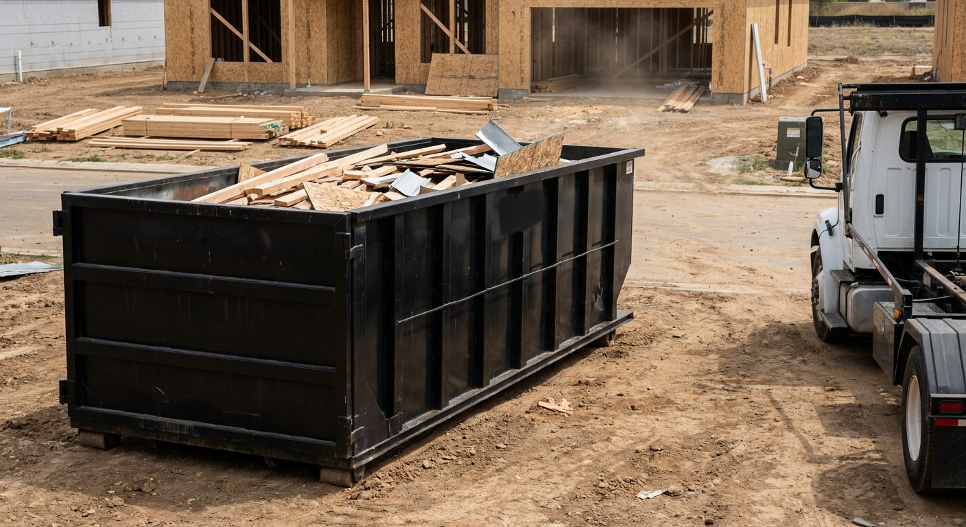 Matte-black 20-yard roll-off construction dumpster with heavy ribbed steel sidewalls and swing rear doors at a working jobsite in Plantation, sitting directly on compacted dirt with an unmarked white hauler partially visible at the far edge of the frame.