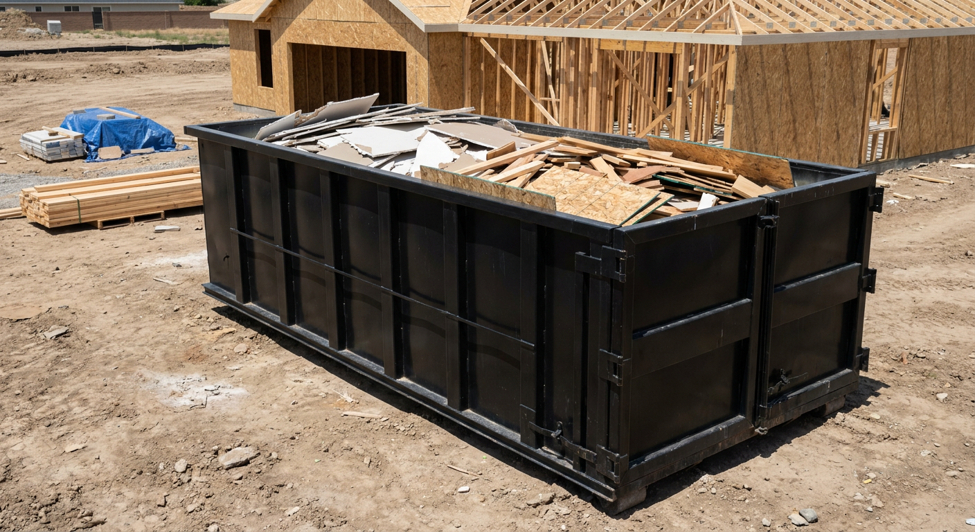 Matte-black 30-yard roll-off construction dumpster sitting directly on the compacted-dirt site of a framed single-family home build in Plantation, drywall and lumber scrap loaded inside.