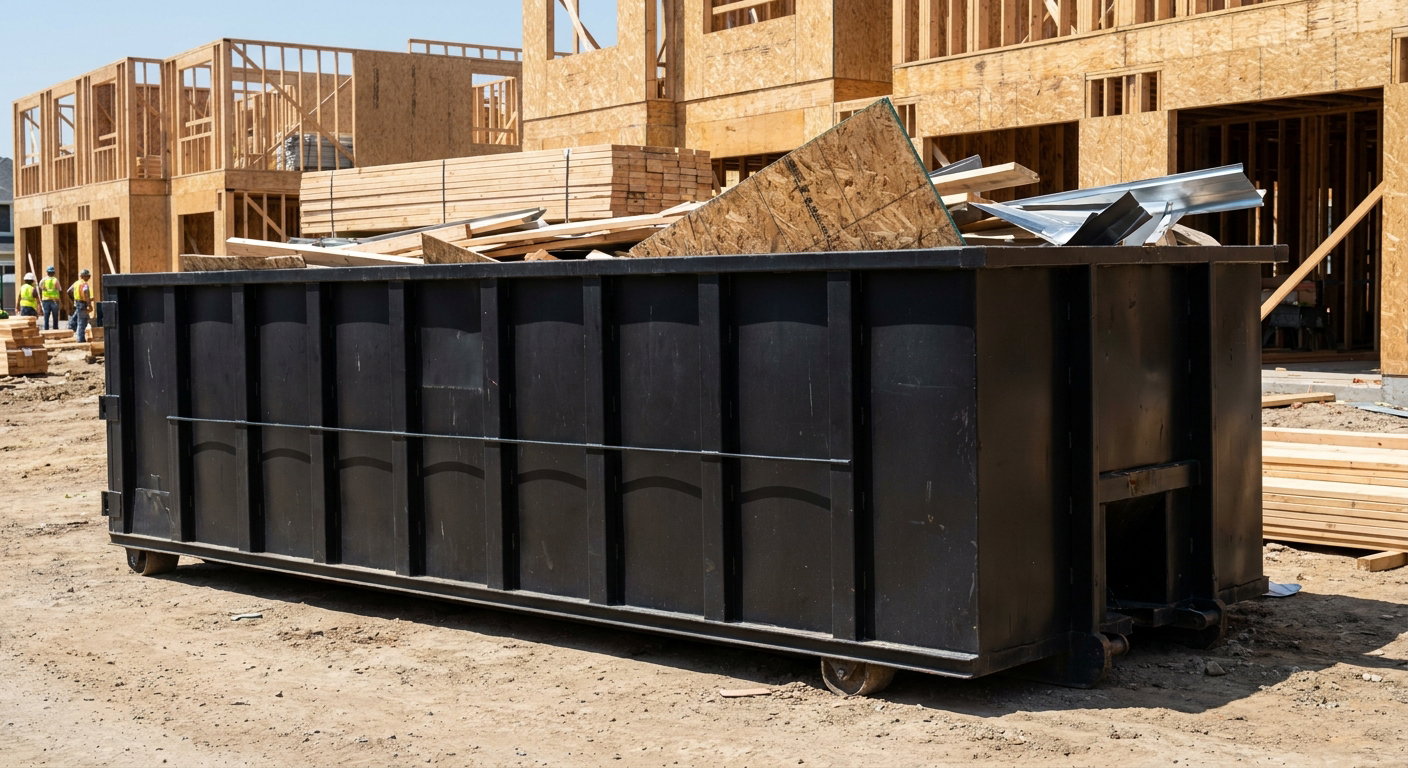 Matte-black 40-yard roll-off construction dumpster being lowered from a white-cab hooklift delivery truck onto the compacted-dirt jobsite at a commercial build site in Plantation