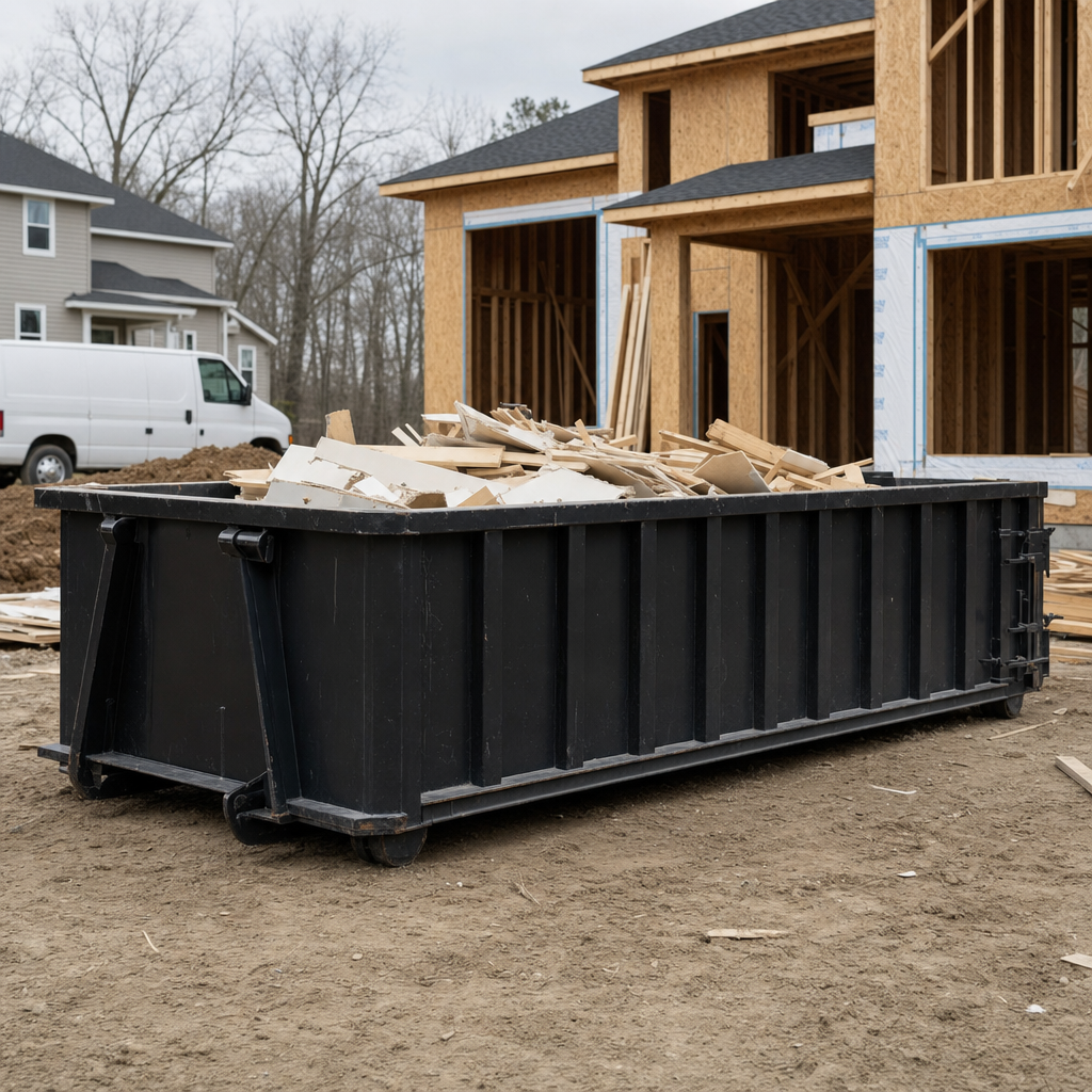 Worker in a yellow high-visibility vest tossing framing lumber and broken drywall into a matte-black 30-yard construction roll-off dumpster on an active build site in Plantation, bright daylight