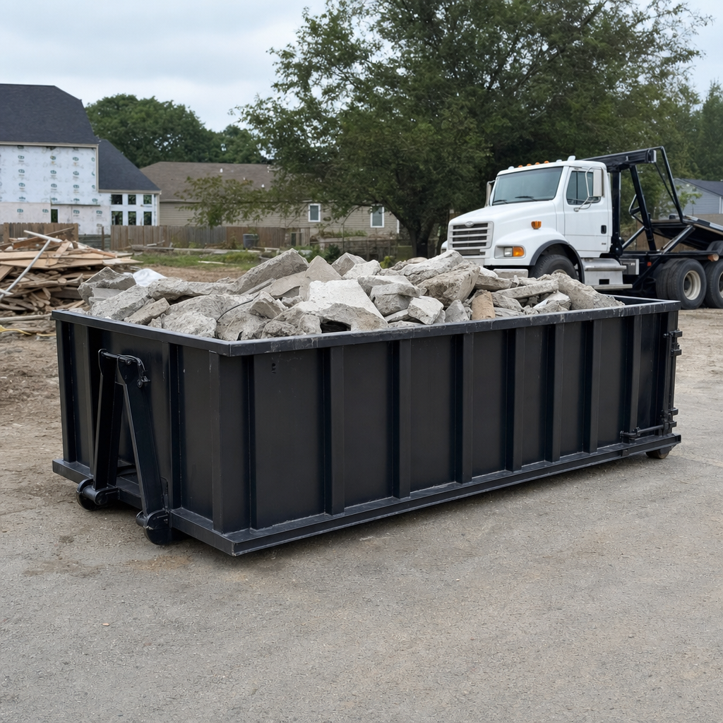 Low-profile matte-black lowboy roll-off dumpster loaded with broken concrete slab and rebar at a foundation tear-out in Plantation, skid steer parked beside it, sunny Colorado morning