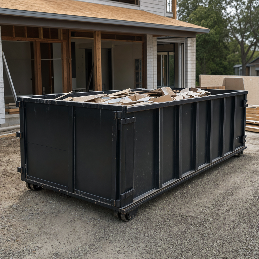 Large matte-black 30-yard construction roll-off dumpster at an active Plantation jobsite, steel-gray top rails and bottom rollers visible, loaded with construction debris.