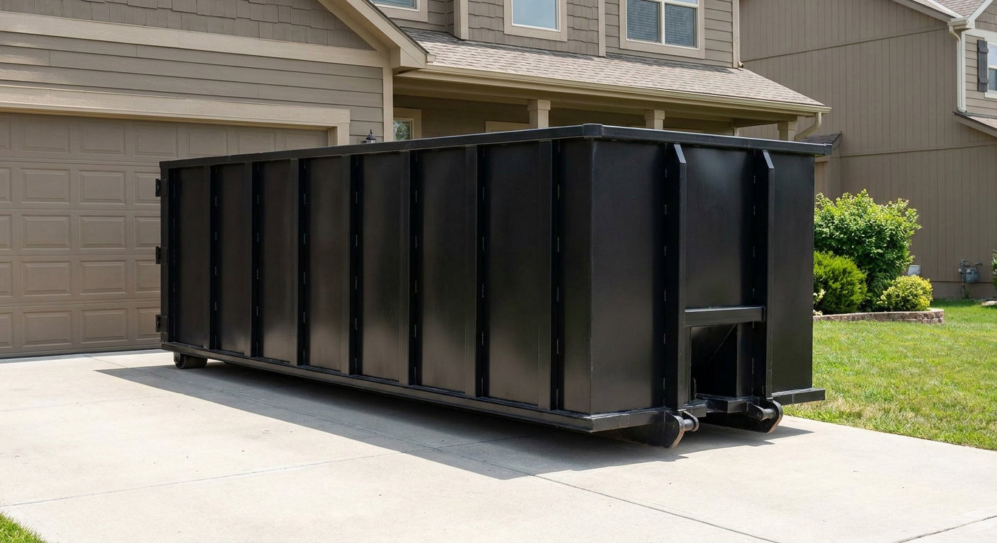 Matte-black residential roll-off dumpster sitting directly on a suburban Plantation concrete driveway, garage door closed, single-family home in background, bright morning daylight.