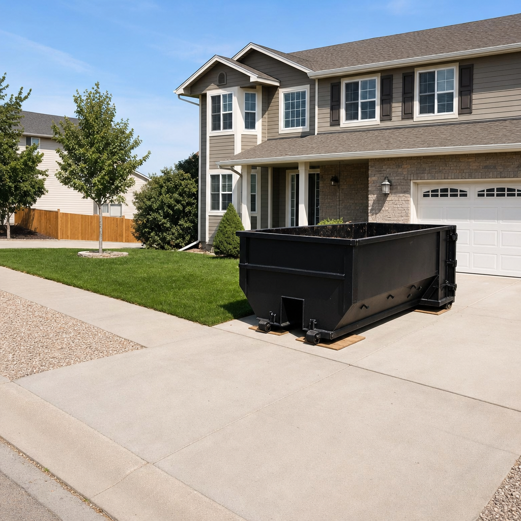 10-yard matte-black residential dumpster placed directly on a narrow Plantation concrete driveway, room remains for a parked sedan beside it, mid-morning natural light