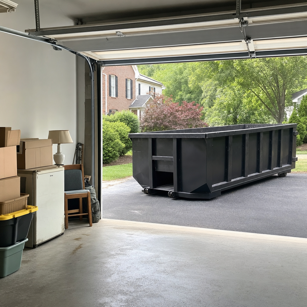 Open garage interior in a Plantation home mid-cleanout — boxed items, an old appliance, and stacked yard tools queued near the driveway for a matte-black roll-off dumpster, organized and calm