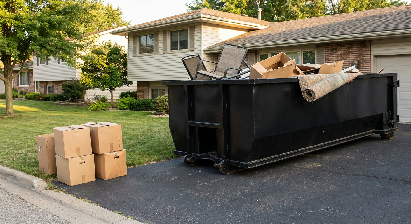 Front-yard view of a Plantation split-level home with a 20-yard matte-black roll-off dumpster sitting directly on the asphalt driveway, a few clearly labeled donation boxes staged at the curb, calm sunny afternoon.