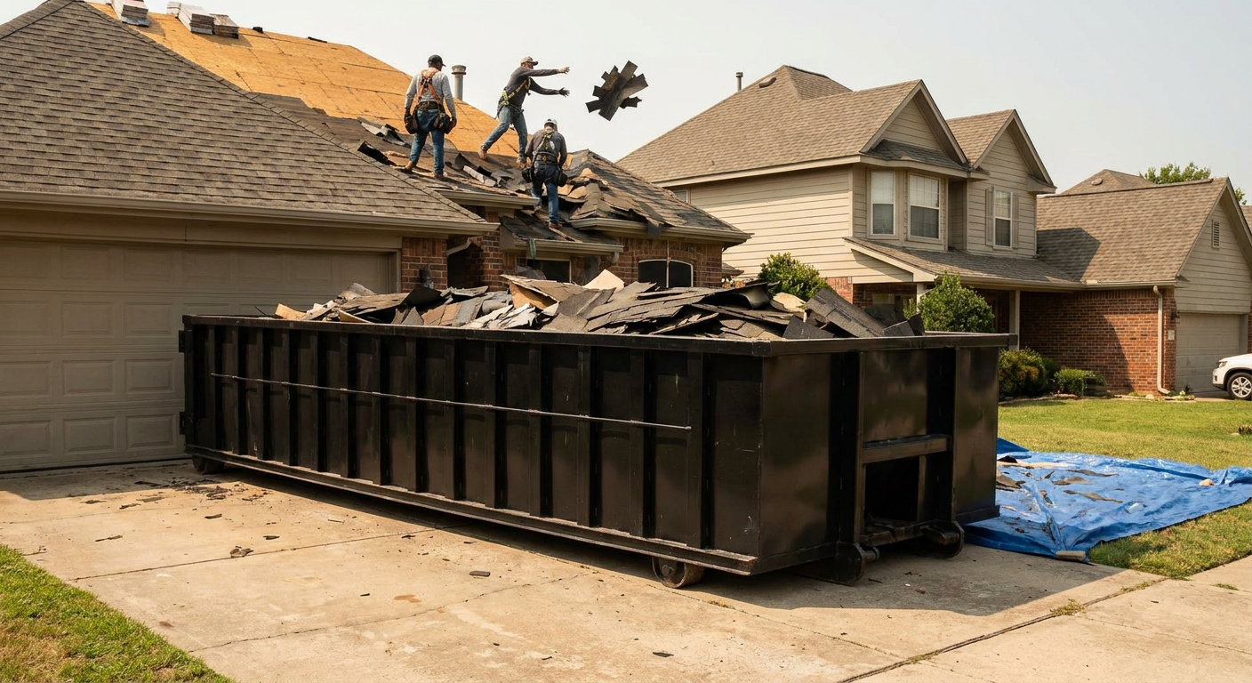 Matte-black roofing roll-off dumpster placed directly on a Plantation residential concrete driveway, a tear-off crew on a two-story asphalt-shingle roof tossing shingle bundles into the low-walled container, bright daylight, documentary 35mm perspective.