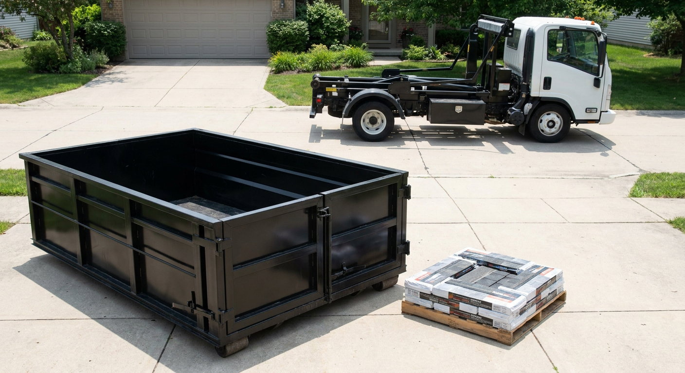 Matte-black 15-yard roofing roll-off dumpster with reinforced low side walls sitting directly on a Plantation residential concrete driveway, three-tab asphalt shingle bundles stacked nearby, an unmarked white hauler truck partially visible at the edge of the frame.
