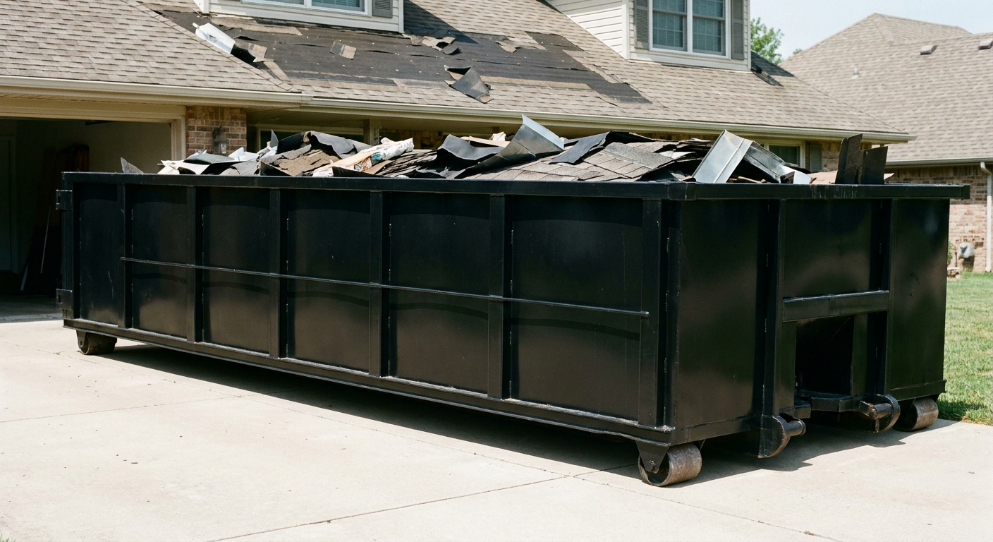 Matte-black 20-yard roofing roll-off dumpster with steel ribbed sides and swinging rear door, sitting directly on the concrete driveway of a two-story Plantation home, asphalt shingle debris being loaded over the low wall, clean documentary lighting.