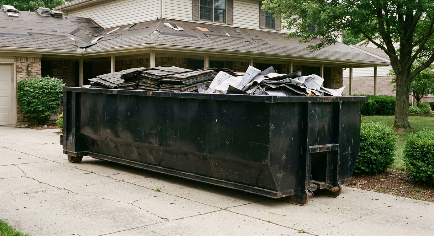 Matte-black 30-yard roofing roll-off dumpster sitting directly on a Plantation concrete driveway, taller ribbed steel side panels, mixed tear-off debris of asphalt shingles and underlayment inside, professional documentary daylight.