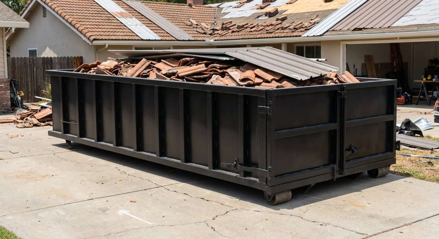 Matte-black low-wall heavy-debris roofing roll-off dumpster sitting directly on a Plantation concrete driveway, broken concrete clay roof tiles and metal panel sections loaded inside, reinforced ribbed steel side walls visible, bright outdoor daylight.