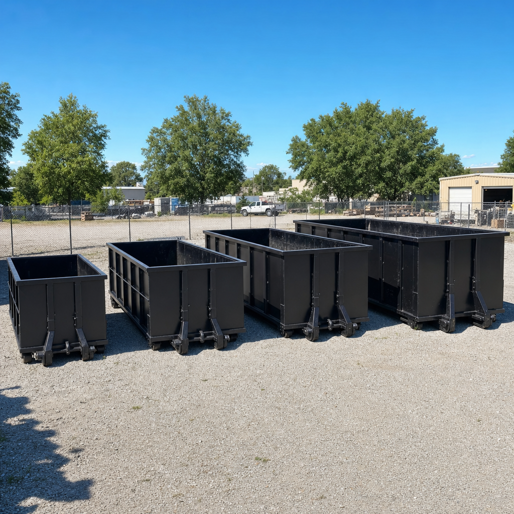 A clean lineup of matte-black roll-off dumpsters in 10, 20, 30, and 40-yard sizes staged on a sunlit gravel yard in Plantation, showing the size progression from compact to commercial-scale containers.