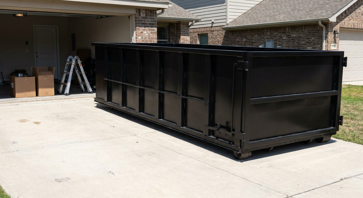 A matte-black 10-yard roll-off dumpster sitting directly on a residential Plantation concrete driveway, mid-day sunlight, clean and ready for a garage cleanout.