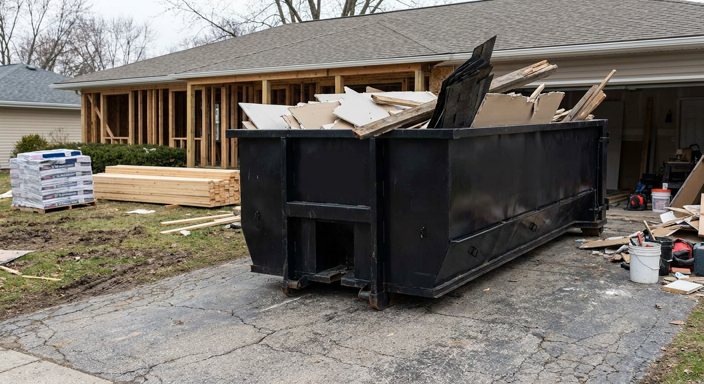 A matte-black 20-yard roll-off dumpster placed alongside a mid-renovation Plantation home directly on the asphalt driveway, with framing materials and torn-off shingles staged neatly nearby.