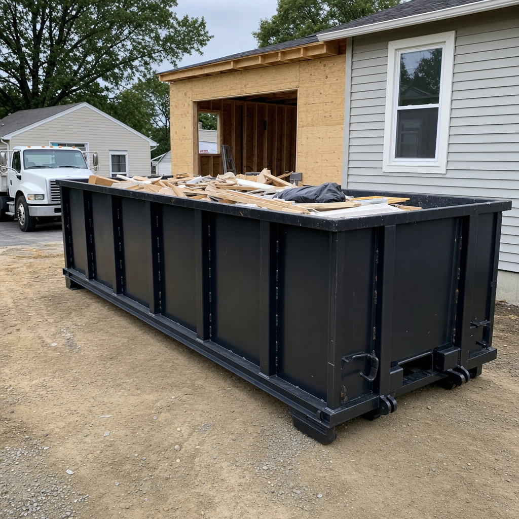 A matte-black 30-yard roll-off dumpster positioned at a Plantation residential addition jobsite, with framing lumber and drywall scraps loaded through the open swinging rear doors.