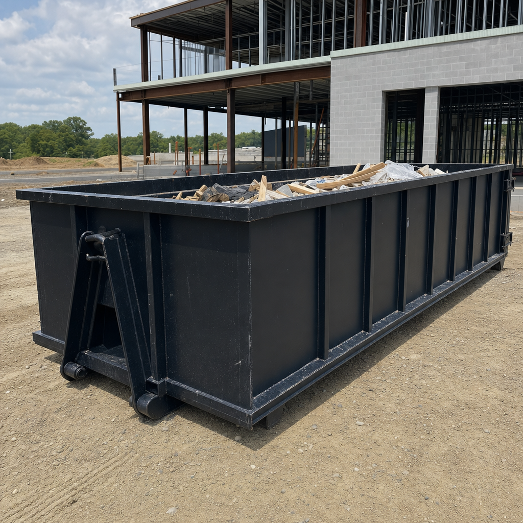 A matte-black 40-yard roll-off dumpster staged on a large Plantation commercial construction lot, with a hooklift delivery truck parked alongside under bright midday sky.
