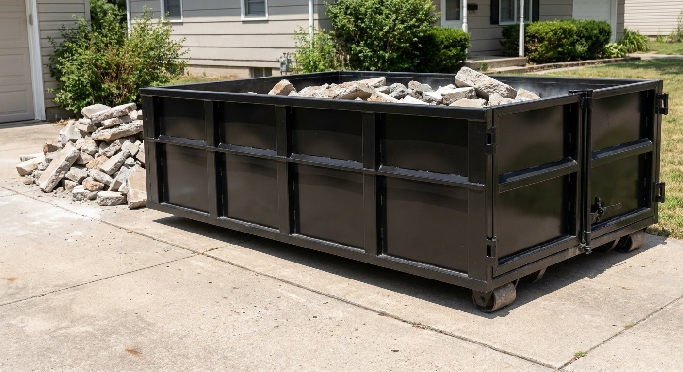 A matte-black low-side heavy-debris roll-off dumpster placed directly on a Plantation concrete driveway, with broken concrete chunks neatly stacked beside it under clean daylight.